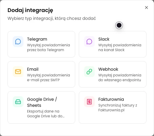 Okno Dodaj integrację z widoczną kartą Telegram