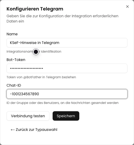 Formular Konfigurieren Telegram mit Name, verborgenem Bot-Token und Demonstrations-Chat-ID
