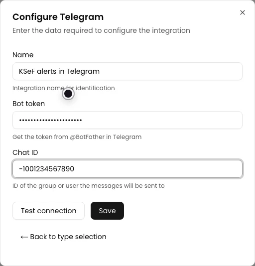 Configure Telegram form with a name, hidden bot token and demonstration chat ID
