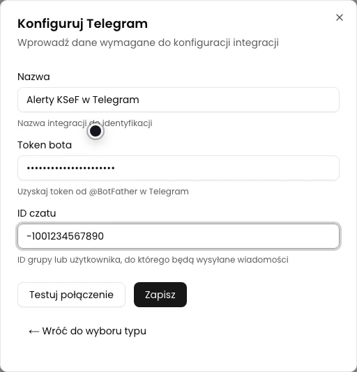 Formularz Konfiguruj Telegram z nazwą, ukrytym tokenem bota i demonstracyjnym ID czatu