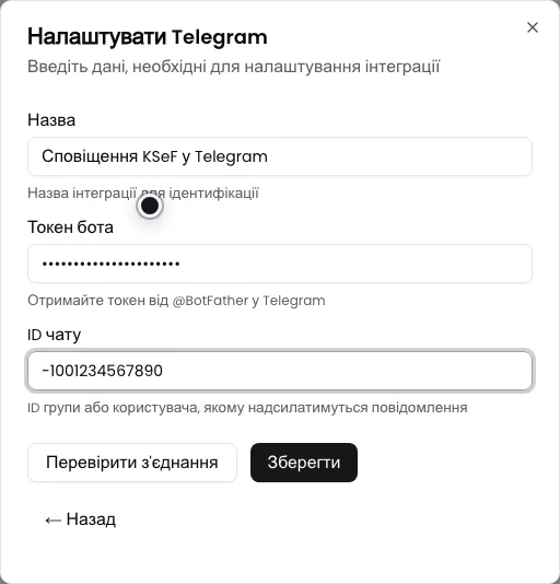 Форма Налаштувати Telegram з назвою, прихованим токеном бота та демонстраційним ID чату