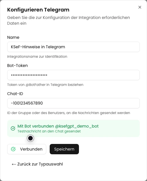 Telegram-Formular mit Bestätigung der Bot-Verbindung und der gesendeten Testnachricht