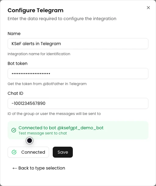 Telegram form confirming connection to the bot and delivery of the test message
