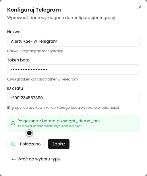Formularz Telegram z potwierdzeniem połączenia z botem i wysłania wiadomości testowej