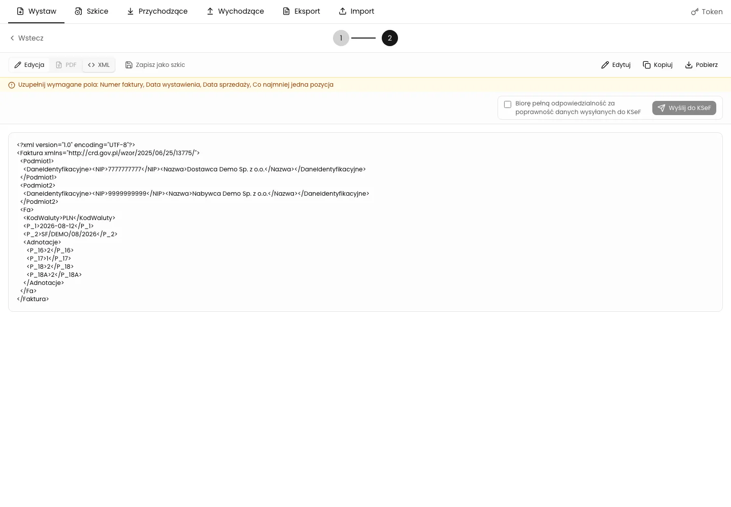 Podgląd XML faktury w KSeFGPT z oznaczeniem P_17 o wartości 1 dla samofakturowania