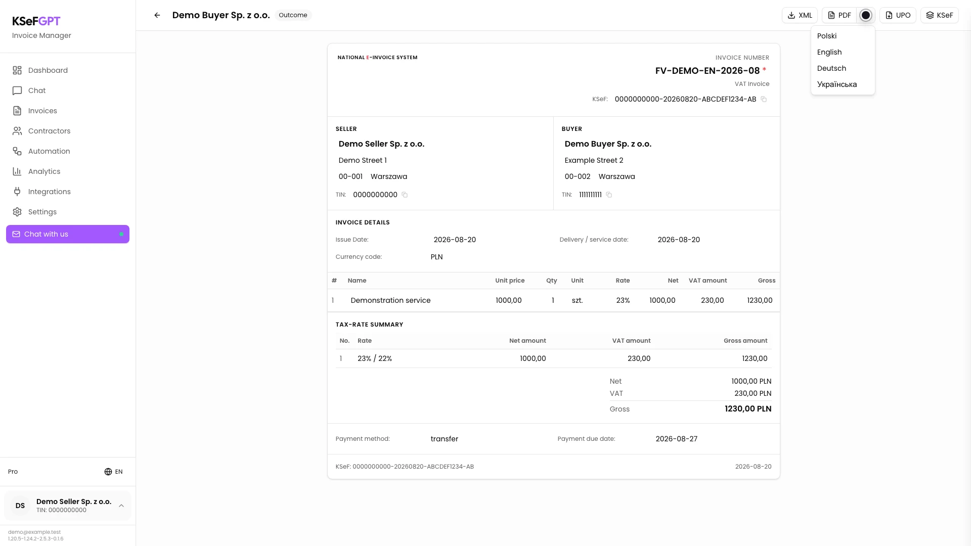 Invoice details in KSeFGPT with the PDF language menu showing Polski, English, Deutsch and Українська