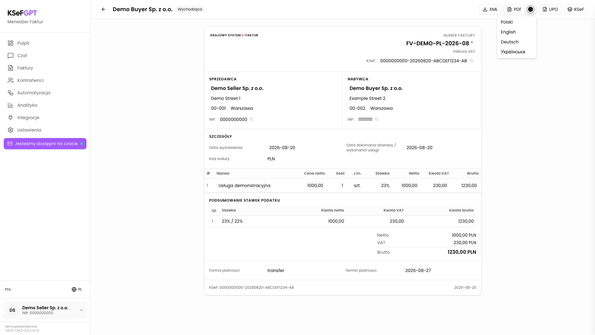 Szczegóły faktury w KSeFGPT z rozwiniętym menu języka PDF: Polski, English, Deutsch i Українська