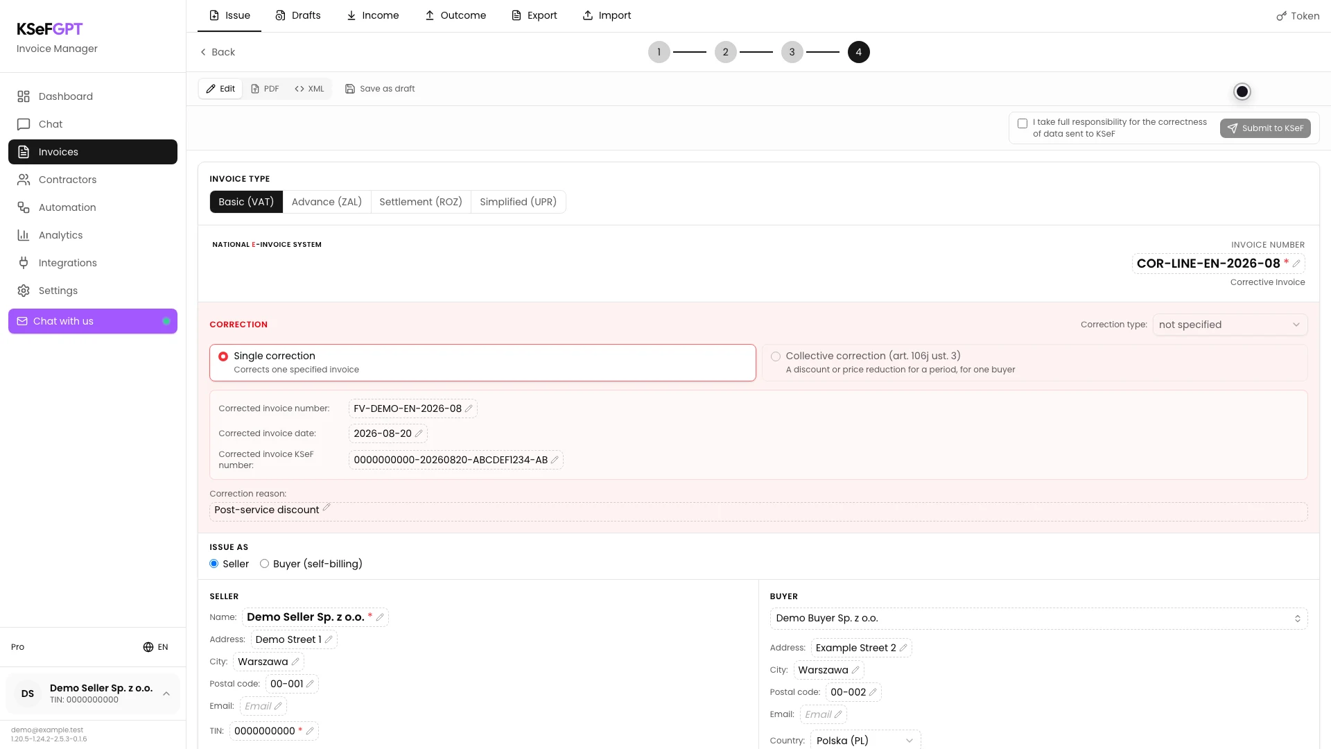 Correcting invoice preview in KSeFGPT with source invoice number, KSeF number and reason
