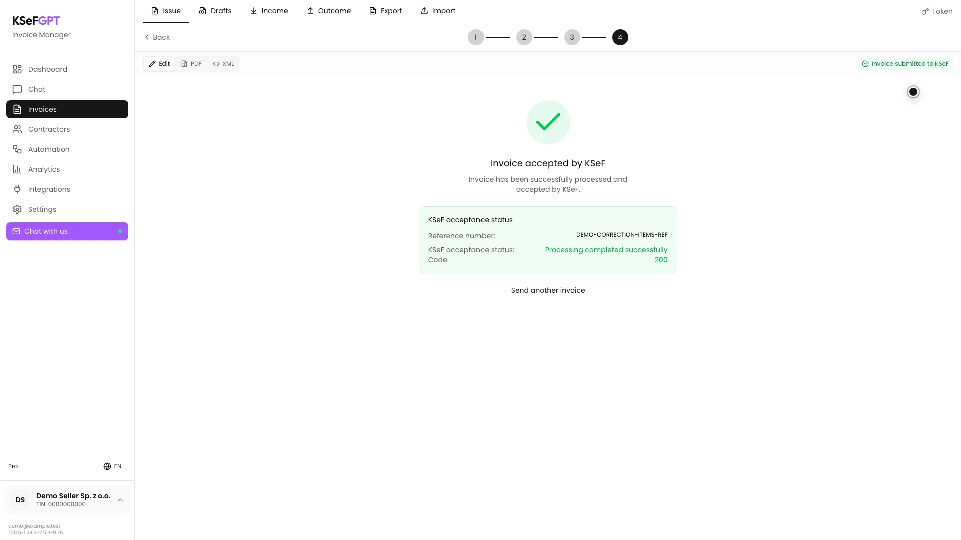 KSeFGPT result with Invoice accepted by KSeF, code 200 and a reference number