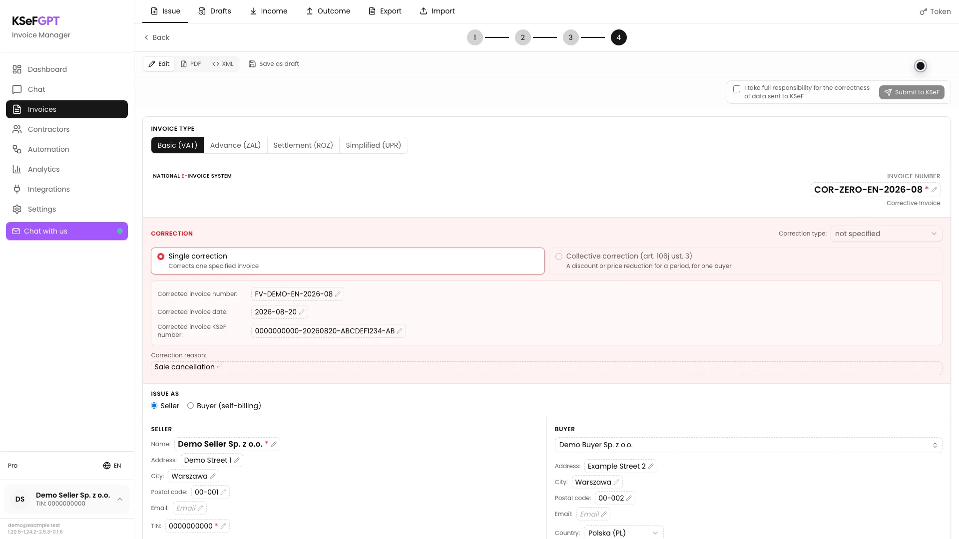 Zero-out correction preview in KSeFGPT with source invoice number, KSeF number and reason