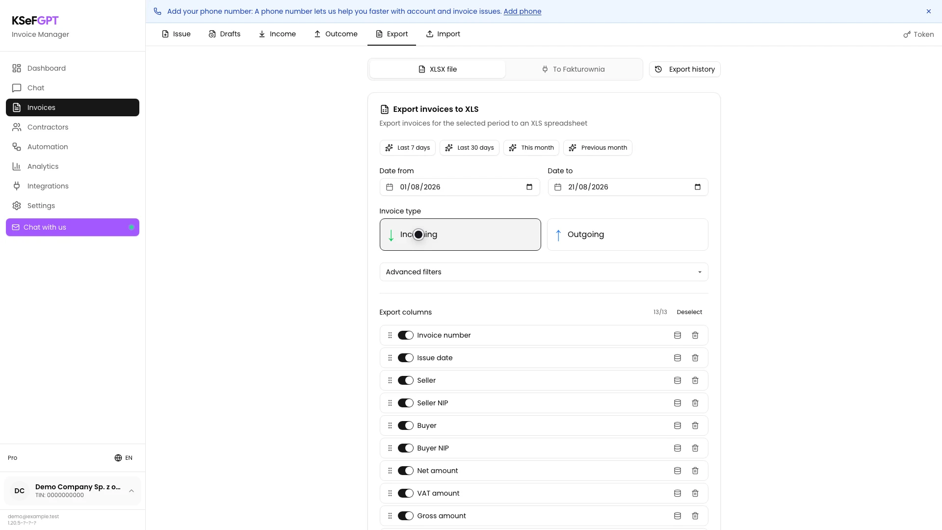 Export form with a date range and incoming invoices selected