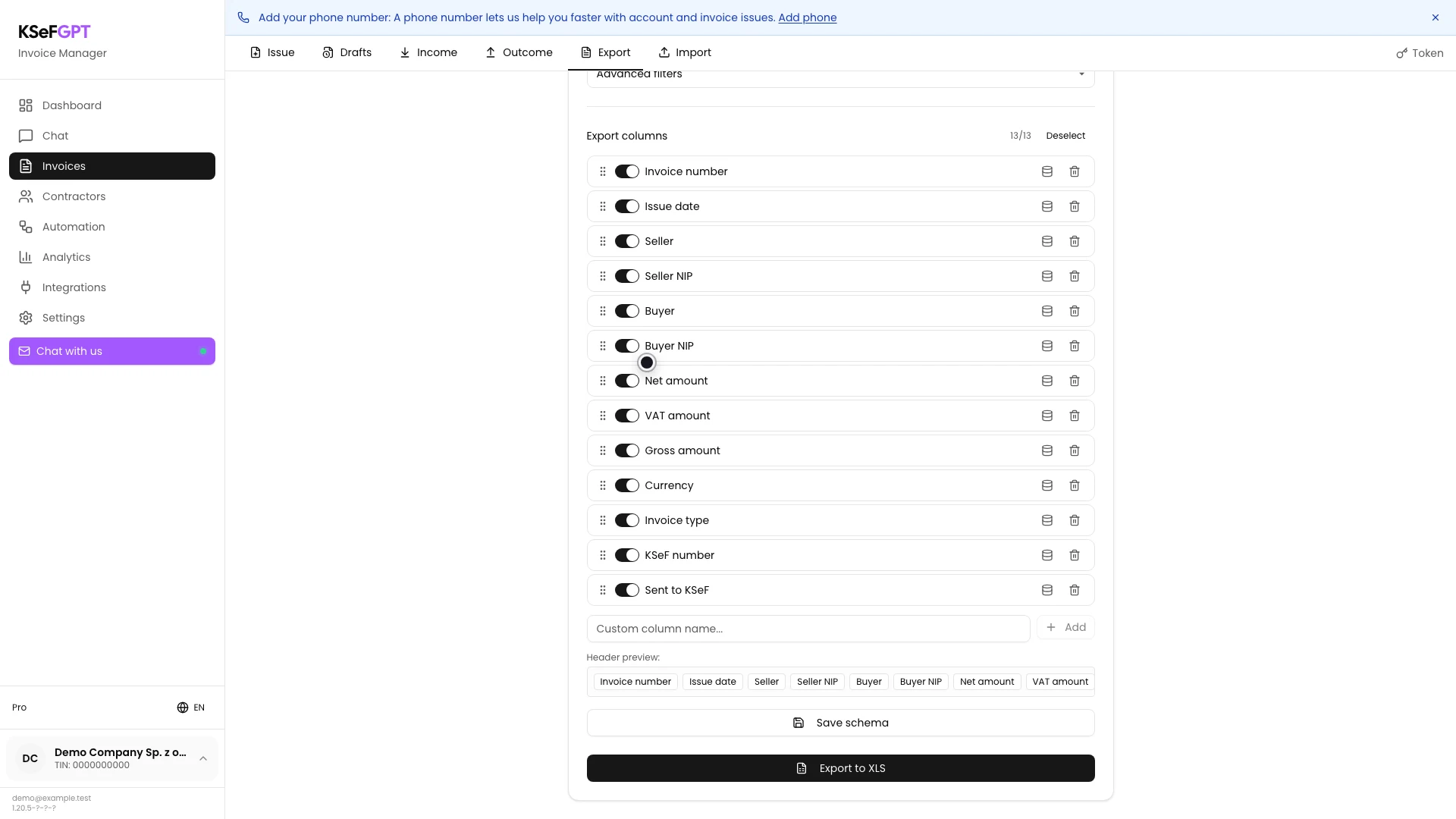 Export columns and the Export to XLS button