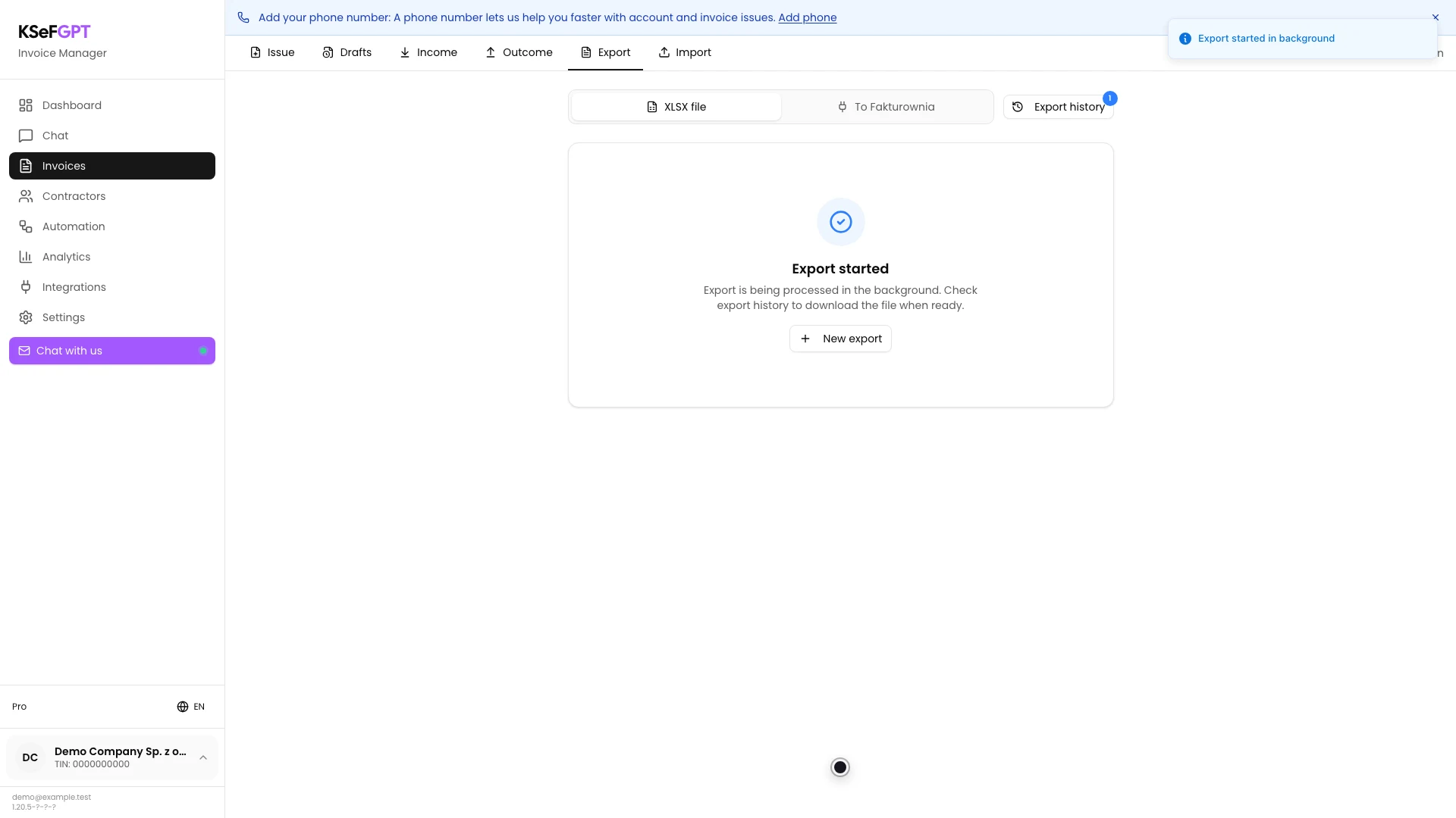 Export started screen with background processing information