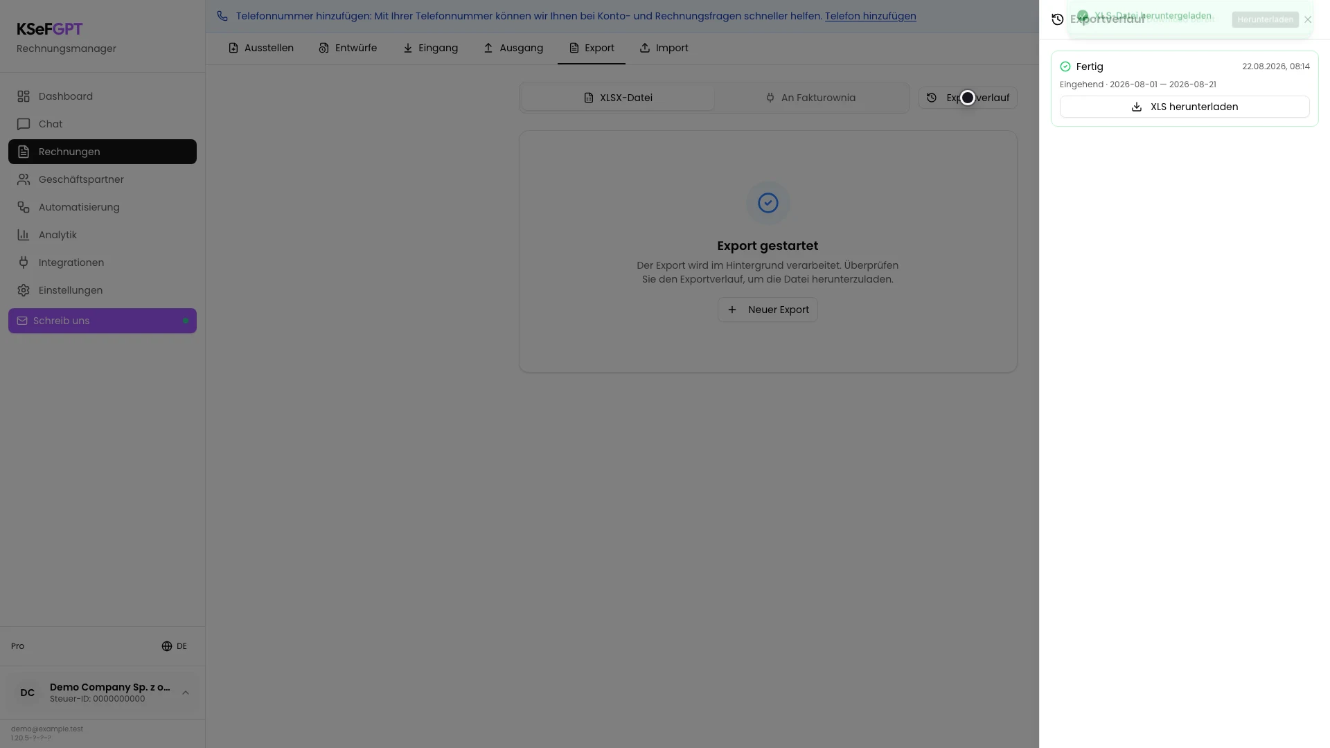 Fertiger Export mit Schaltfläche XLS herunterladen