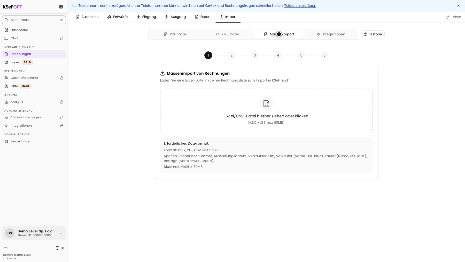 Bereich für den Massenimport von Rechnungen aus einer Excel- oder CSV-Datei