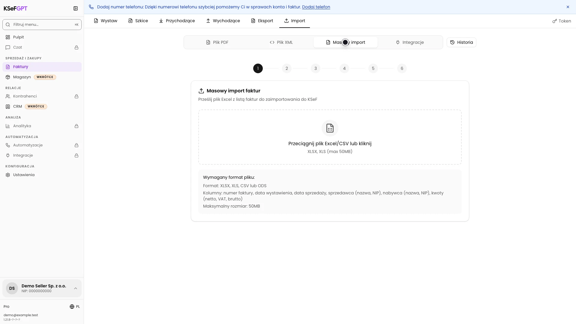 Pole masowego importu faktur z pliku Excel lub CSV w module Faktury