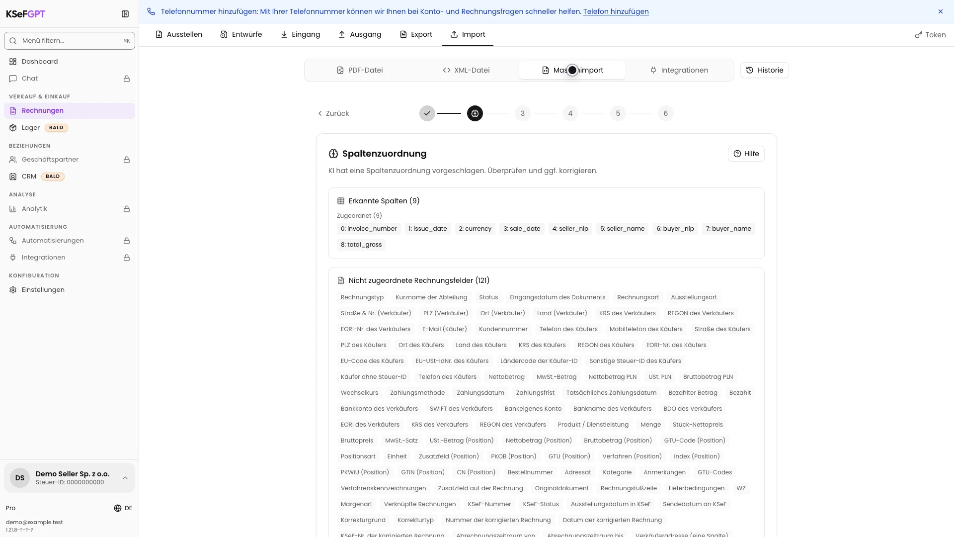 Spaltenzuordnung mit erkannten CSV-Feldern und Rechnungsfeldern