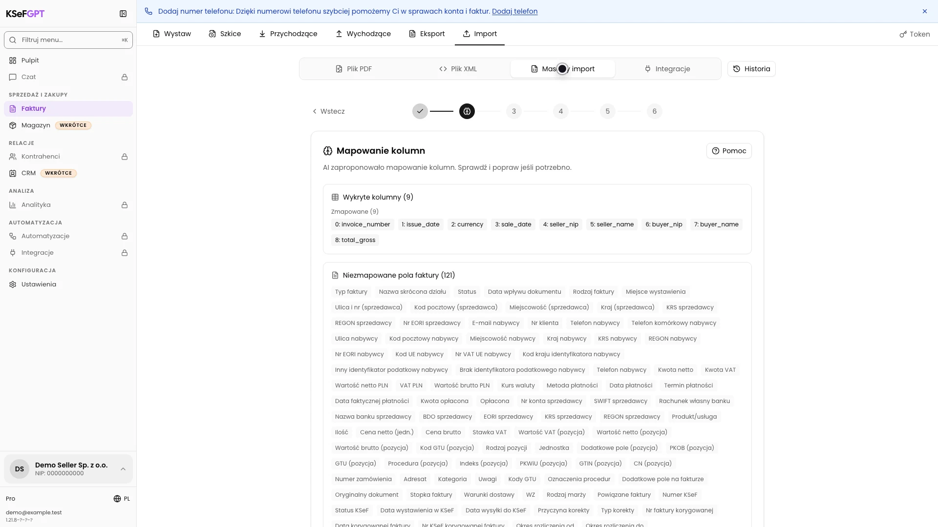 Ekran mapowania kolumn z wykrytymi polami pliku CSV i polami faktury