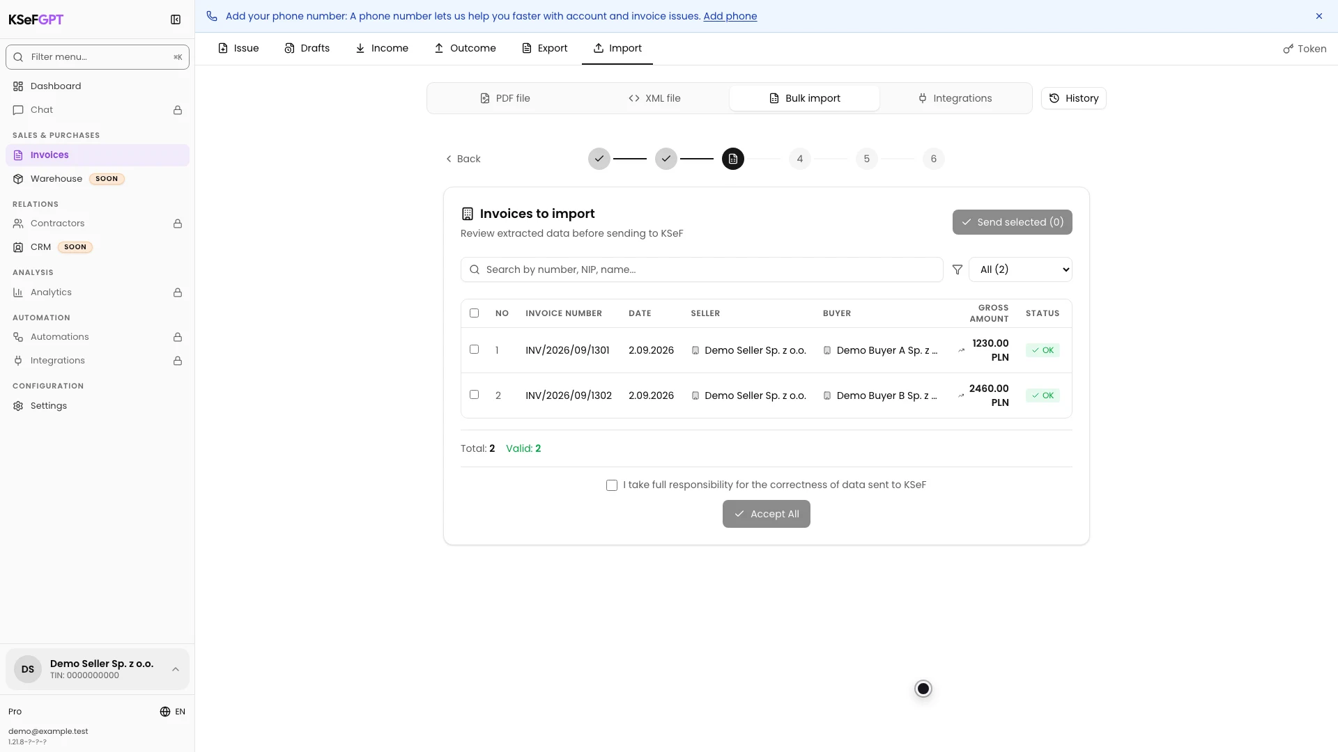 Two invoices prepared from a CSV file with OK statuses