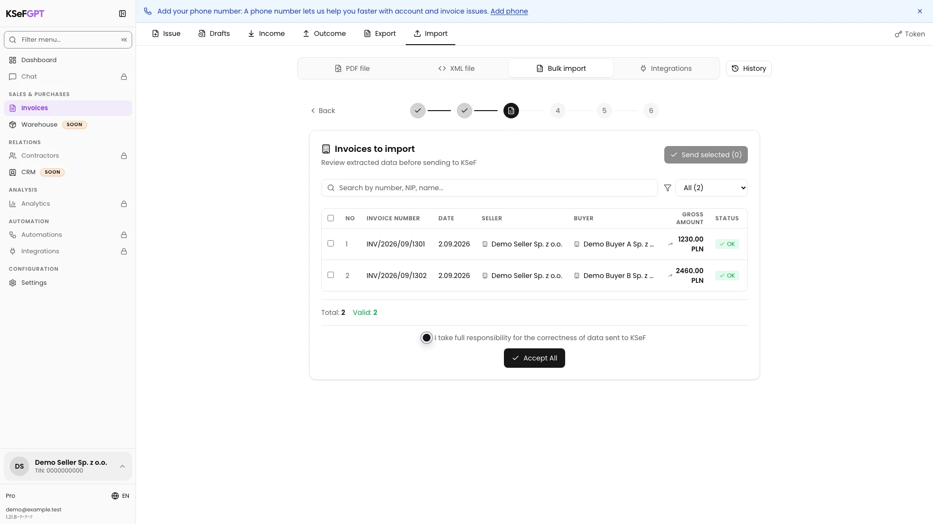 Selected responsibility acknowledgement and active Accept all button