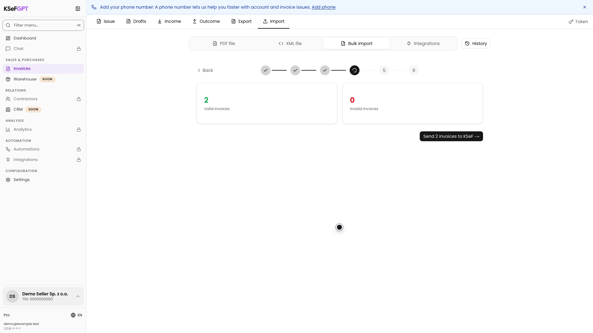 Validation result with two valid invoices and the KSeF submission button