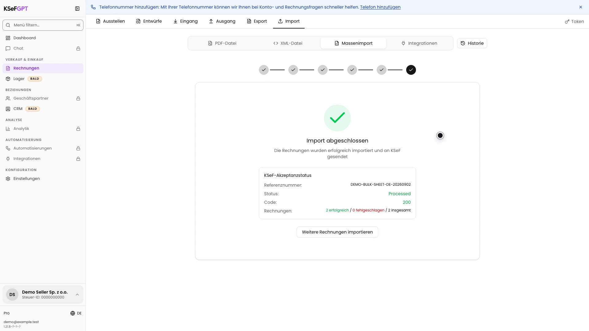 Abgeschlossener Massenimport mit Code 200, Referenznummer und zwei gültigen Rechnungen