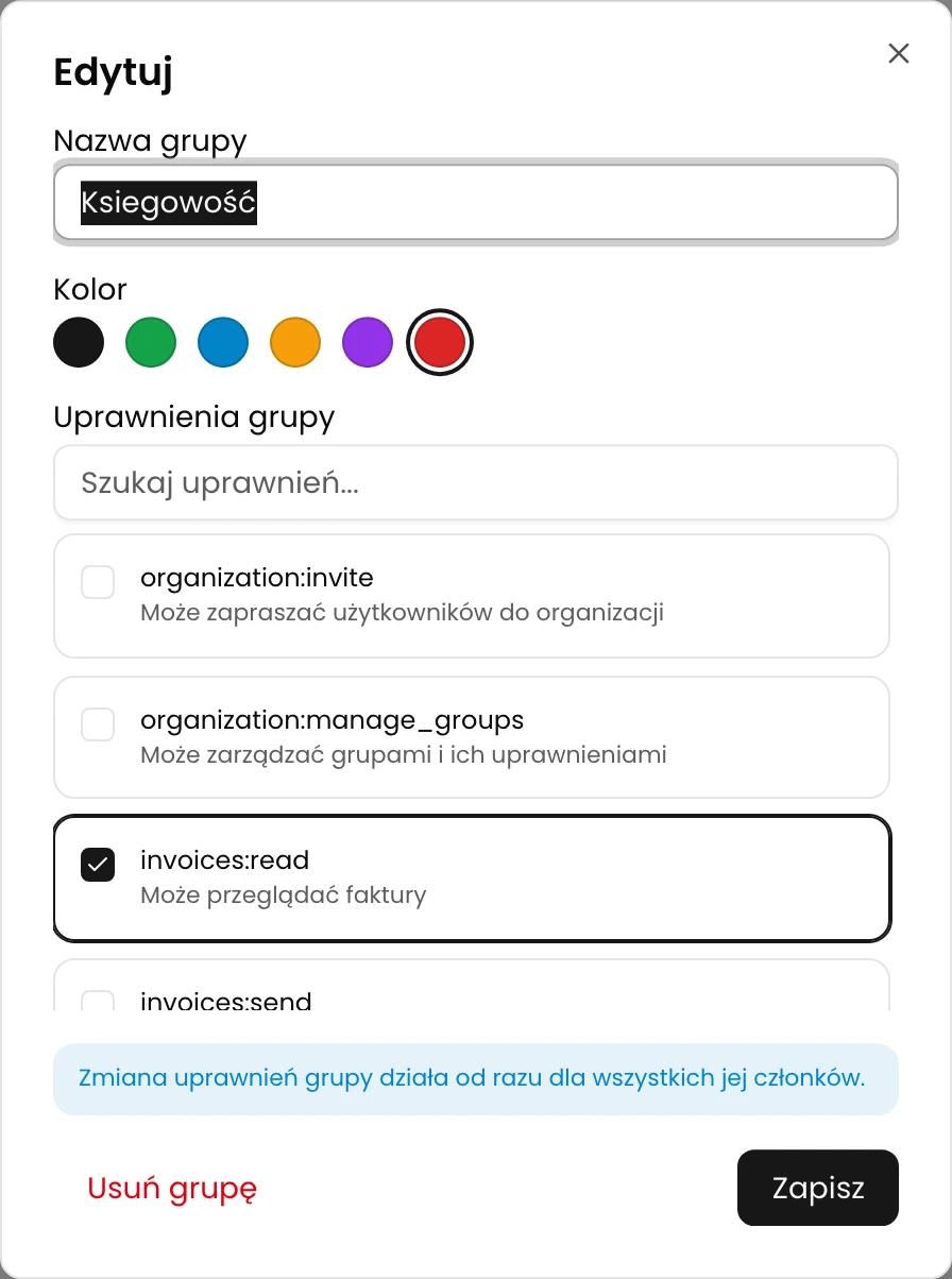 Formularz Edytuj grupę w KSeFGPT z nazwą, kolorem i zaznaczonym uprawnieniem invoices:read