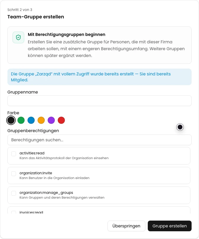 Zweiter Schritt des KSeFGPT Assistenten mit Hinweis zur vorhandenen Systemgruppe Zarząd