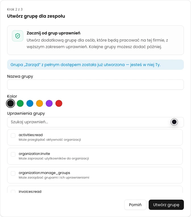Drugi krok kreatora KSeFGPT z informacją o utworzonej grupie systemowej Zarząd