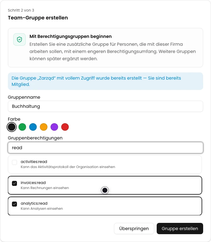 Formular der Gruppe Buchhaltung mit ausgewählten Berechtigungen invoices:read und analytics:read