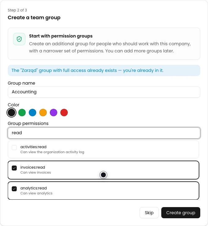 Accounting group form with invoices:read and analytics:read selected