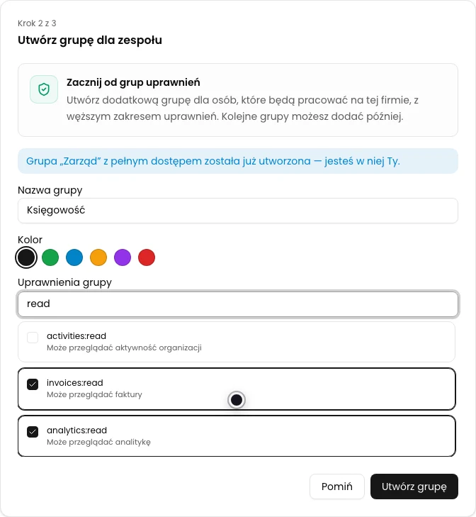 Formularz tworzenia grupy Księgowość z wybranymi uprawnieniami invoices:read i analytics:read