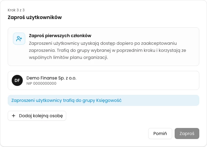 Ostatni krok kreatora organizacji KSeFGPT z informacją o grupie Księgowość i przyciskiem Pomiń