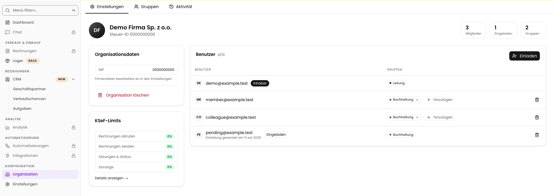 Organisation und Benutzerliste