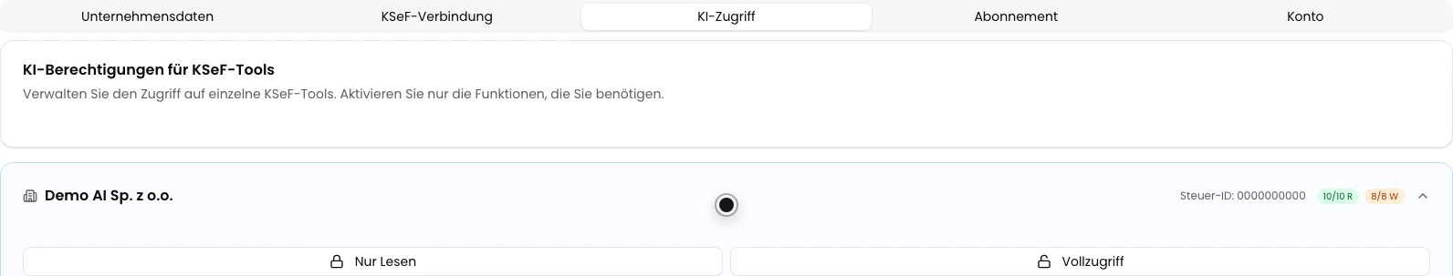Registerkarte KI-Zugriff in den KSeFGPT-Einstellungen mit der Karte des Unternehmens Demo AI