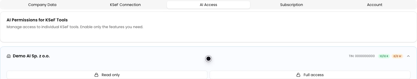 AI Access tab in KSeFGPT Settings with the Demo AI company card