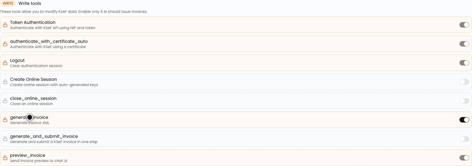 Write tools with invoice generation enabled and KSeF submission disabled