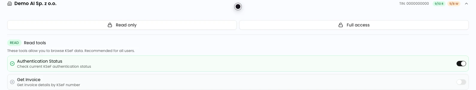Company card in AI Access showing counters 9 of 10 R and 5 of 8 W