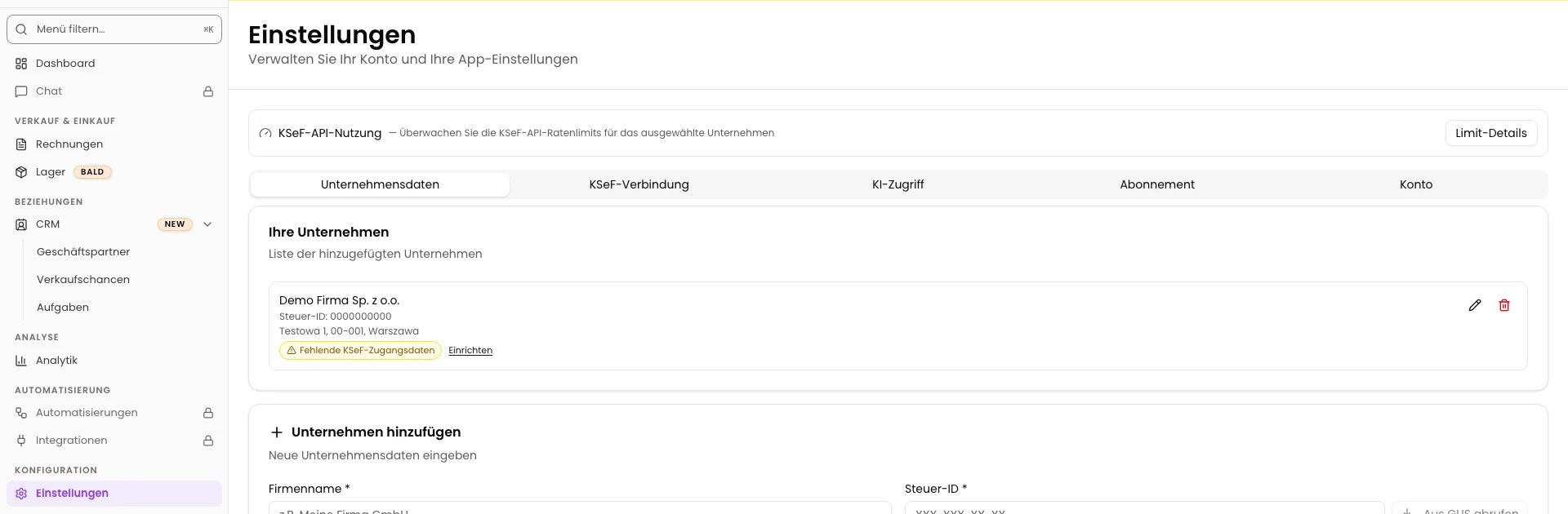 Einstellungen mit dem Tab Unternehmensdaten und dem Stift beim bestehenden Demounternehmen.