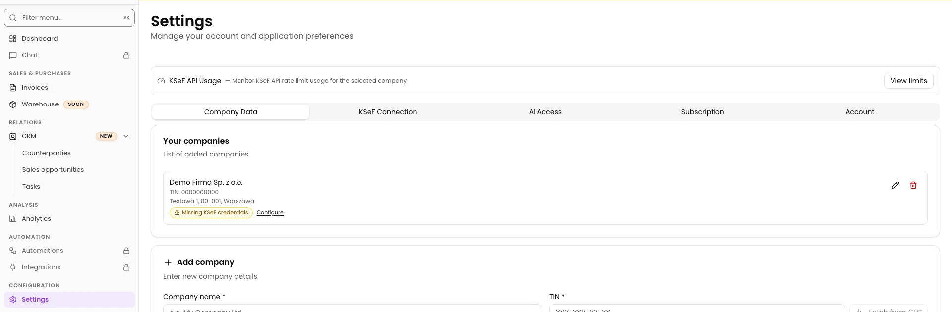Settings with the Company Data tab and pencil beside an existing demo company.