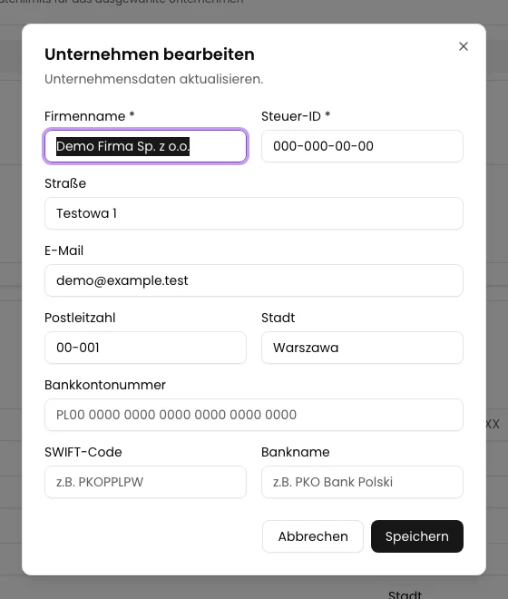 Fenster Unternehmen bearbeiten mit bisherigem Namen, Steuer-ID, Adresse und E-Mail.