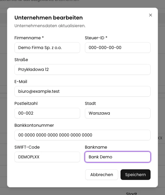 Bearbeitungsformular mit geänderter Adresse, E-Mail und Demo-Bankverbindung.