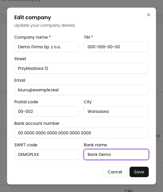 Edit form with updated address, email and demonstration bank details.
