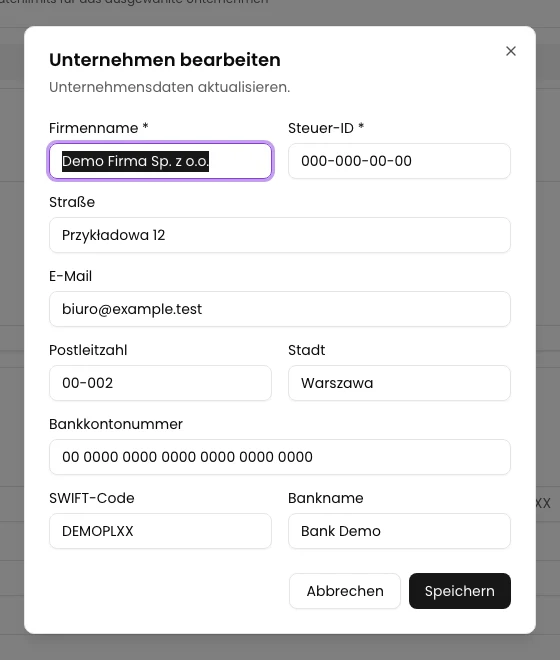 Nach dem Neuladen erneut geöffnetes Formular mit gespeicherter Adresse, E-Mail und Bankverbindung.