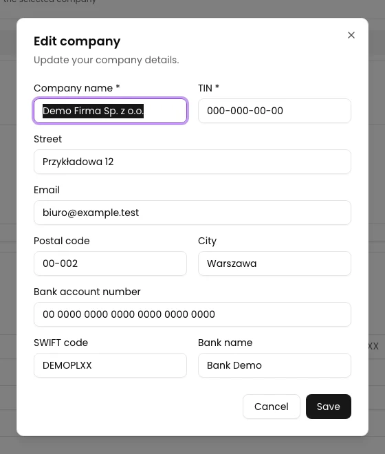 Edit form reopened after reloading, showing the saved address, email and bank details.